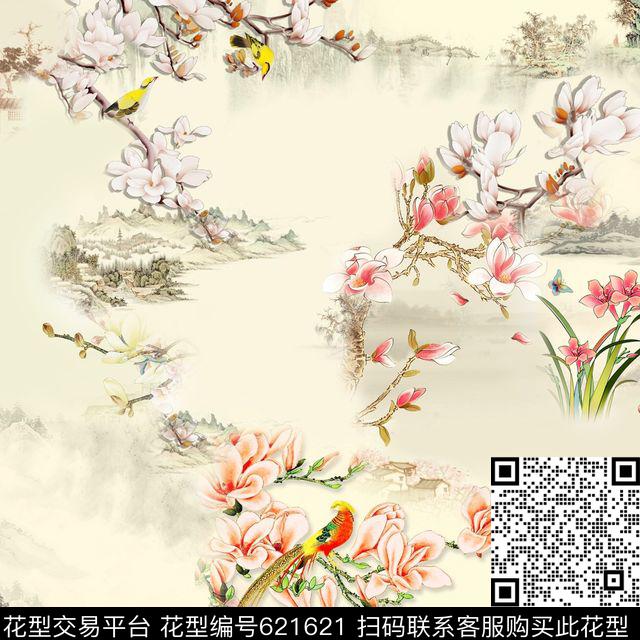 此华亿平台为1/2跳接花卉国画数码印花华亿平台下载（图片编号: 621621） - 瓦栏（Walan）
