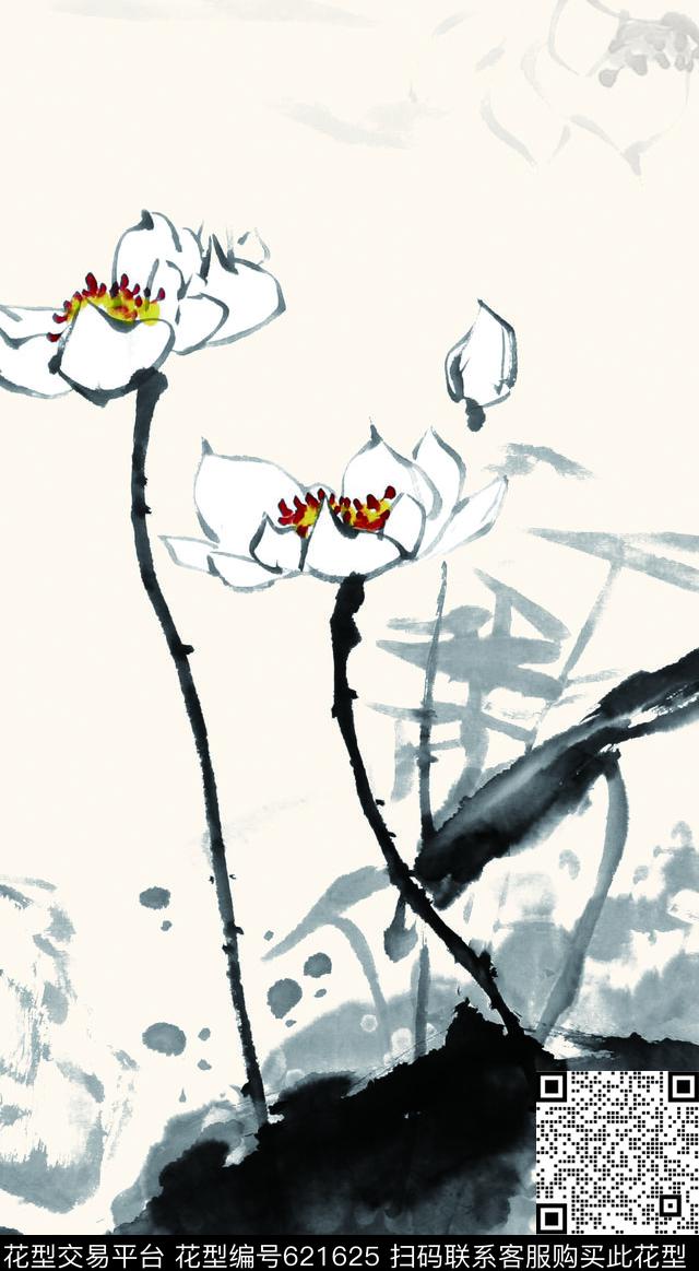 荷花大花花卉数码印花华亿平台下载（图片编号: 621625） - 瓦栏（Walan）