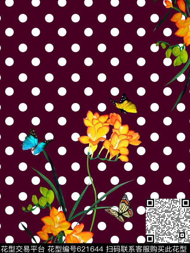 抽象手绘满版最新高清数码时尚潮流大牌复古欧美风中国风兰花蝴蝶数码印花华亿平台下载（图片编号: 621644） - 瓦栏（Walan）