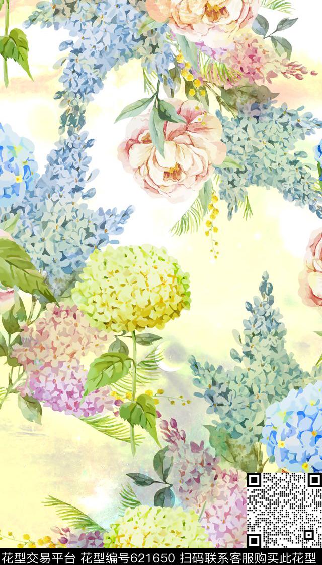 清新水彩花卉花枝数码印花华亿平台下载（图片编号: 621650） - 瓦栏（Walan）