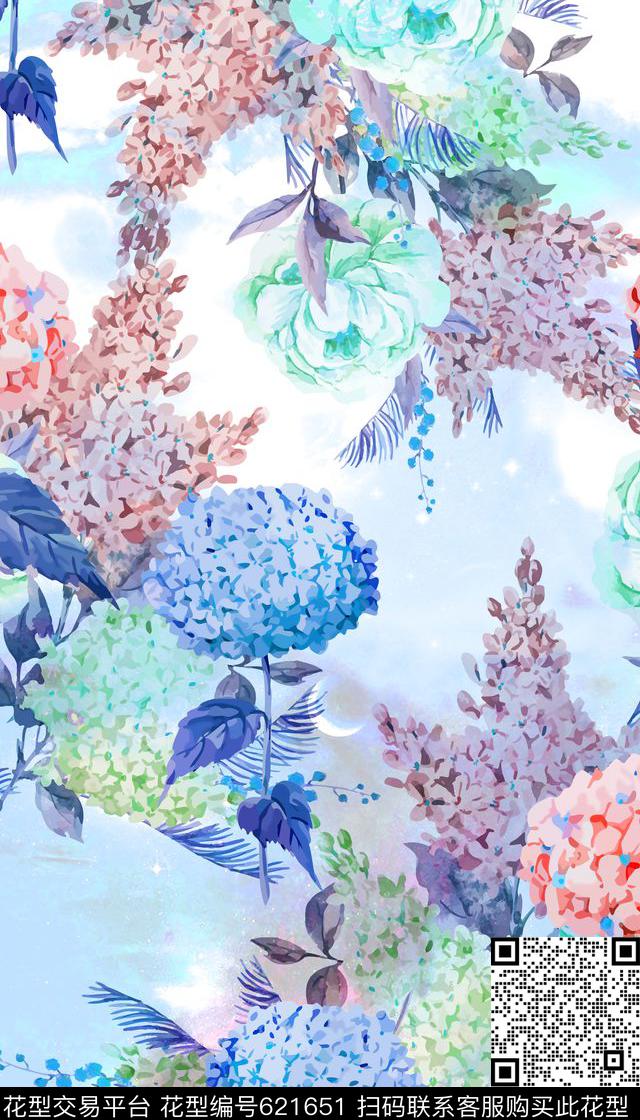 清新水彩花卉花枝数码印花华亿平台下载（图片编号: 621651） - 瓦栏（Walan）