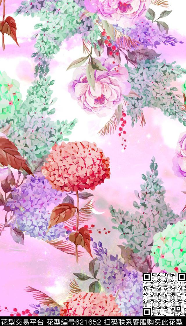 清新水彩花卉花枝数码印花华亿平台下载（图片编号: 621652） - 瓦栏（Walan）