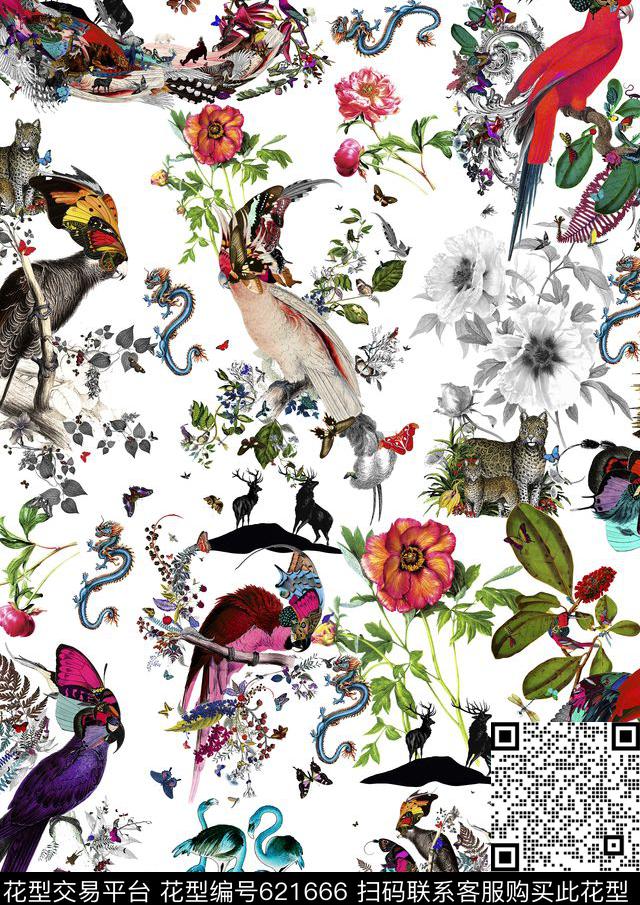 蝴蝶鸟昆虫鸟数码印花华亿平台下载（图片编号: 621666） - 瓦栏（Walan）
