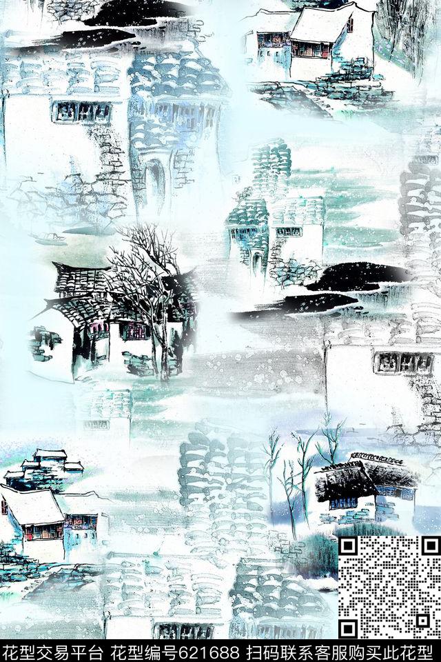 水墨中国风江南数码印花华亿平台下载（图片编号: 621688） - 瓦栏（Walan）