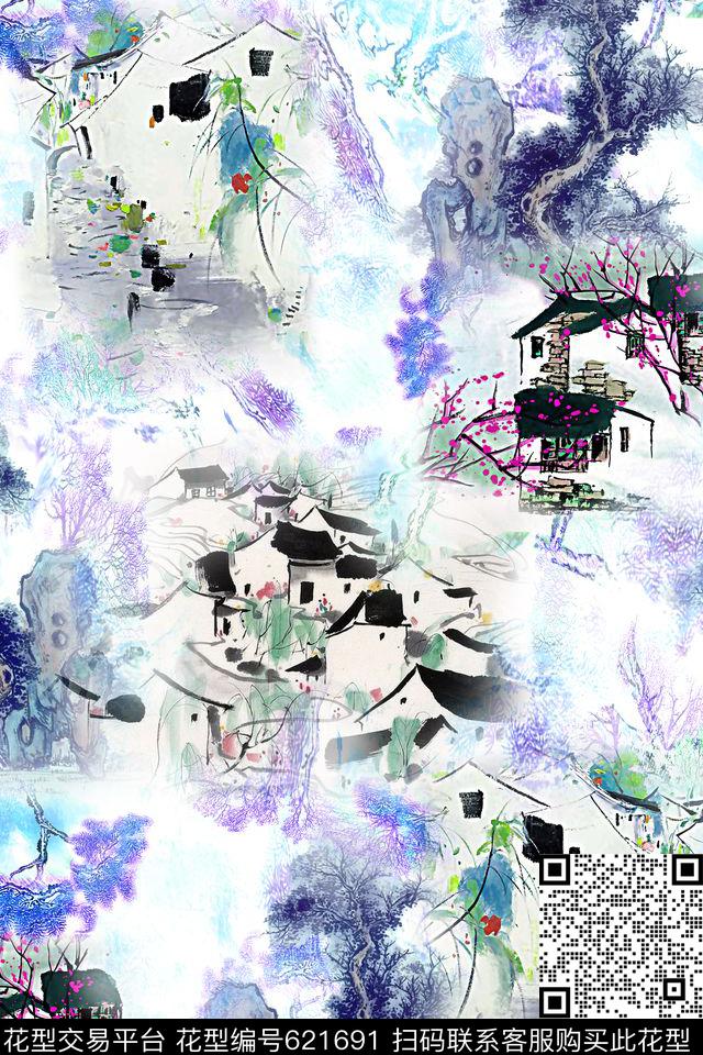水墨中国风江南数码印花华亿平台下载（图片编号: 621691） - 瓦栏（Walan）