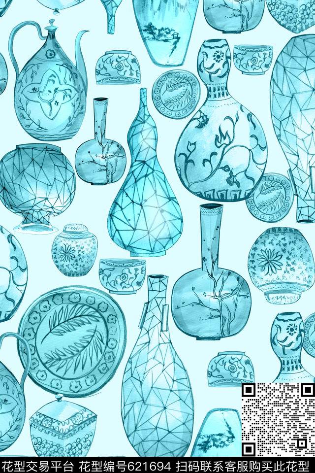 中国风青花瓷手绘数码印花华亿平台下载（图片编号: 621694） - 瓦栏（Walan）