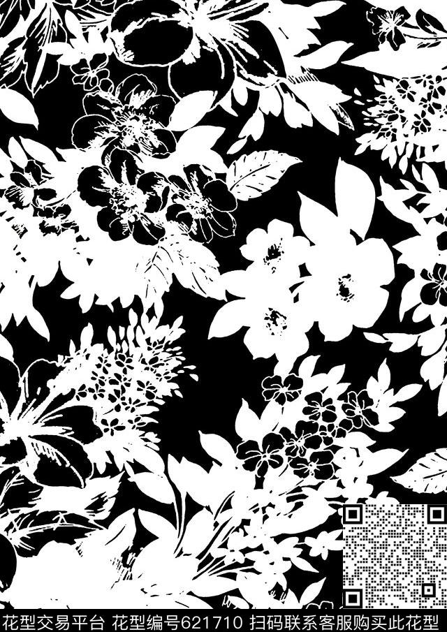 笔触黑白植物传统印花华亿平台下载（图片编号: 621710） - 瓦栏（Walan）