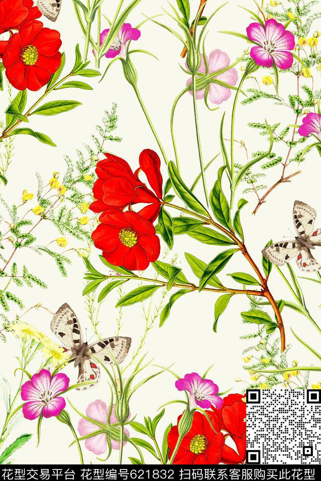 昆虫兰花小清新数码印花华亿平台下载（图片编号: 621832） - 瓦栏（Walan）