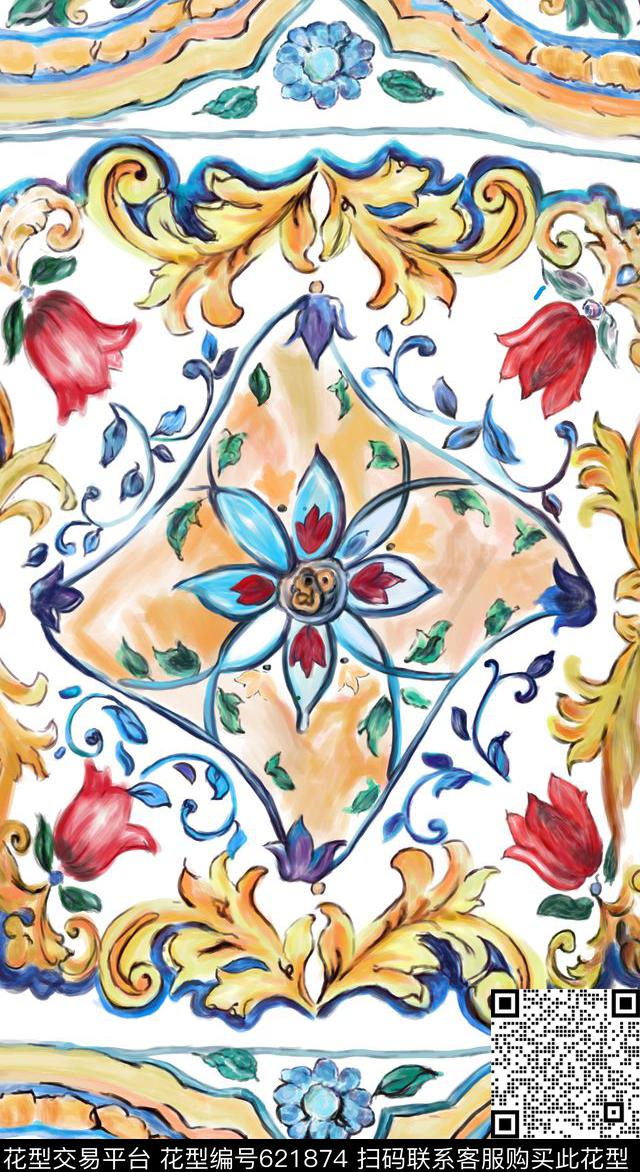 杜嘉班纳D&G地板陶瓷花手绘高端定位花连衣裙数码印花华亿平台下载（图片编号: 621874） - 瓦栏（Walan）