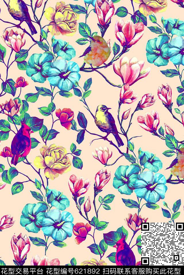 大朵水彩玫瑰玉兰花数码印花华亿平台下载（图片编号: 621892） - 瓦栏（Walan）