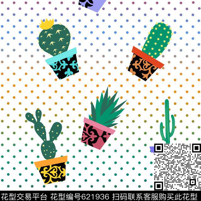 几何波点仙人掌传统印花华亿平台下载（图片编号: 621936） - 瓦栏（Walan）