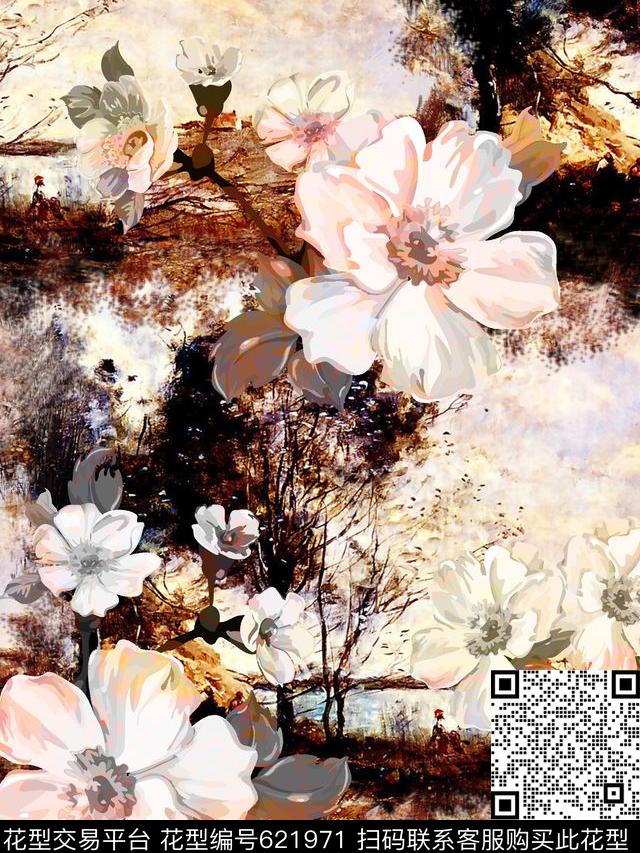 抽象手绘满版最新高清数码时尚潮流大牌复古欧美风花卉纹理底纹大花朵数码印花华亿平台下载（图片编号: 621971） - 瓦栏（Walan）