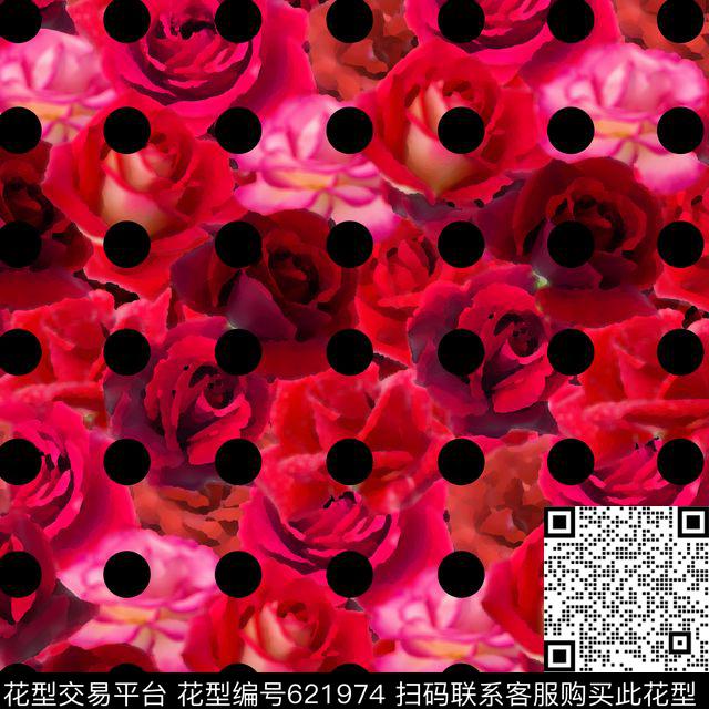 波点玫瑰花卉数码印花华亿平台下载（图片编号: 621974） - 瓦栏（Walan）