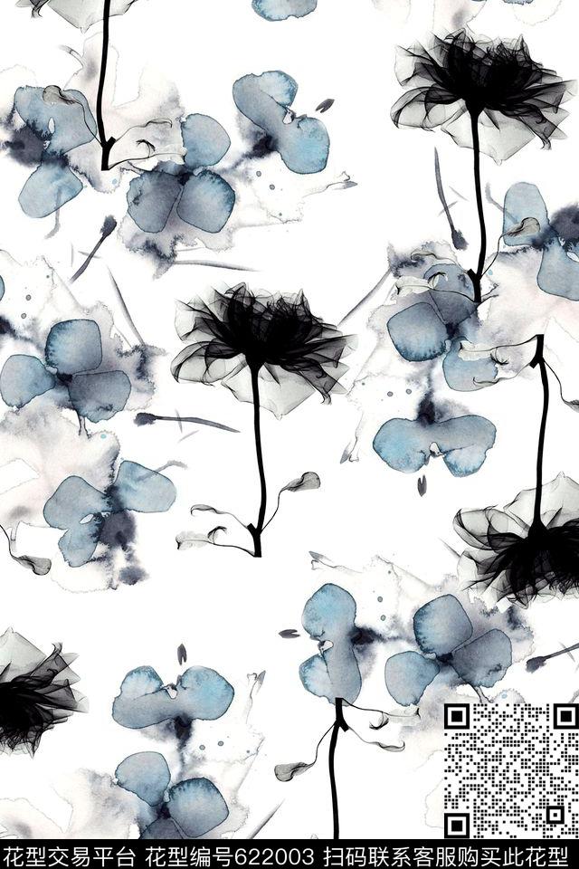 水墨花卉黑白数码印花华亿平台下载（图片编号: 622003） - 瓦栏（Walan）