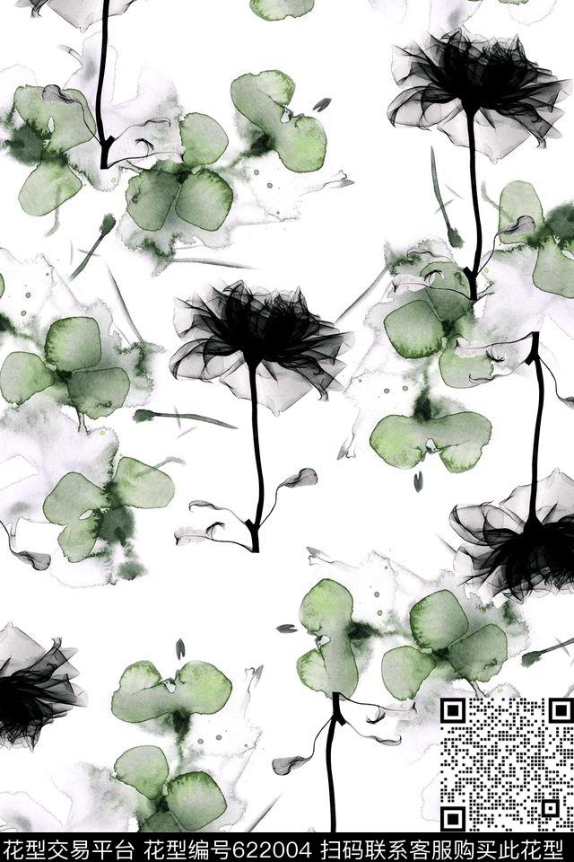 水墨花卉黑白数码印花华亿平台下载（图片编号: 622004） - 瓦栏（Walan）