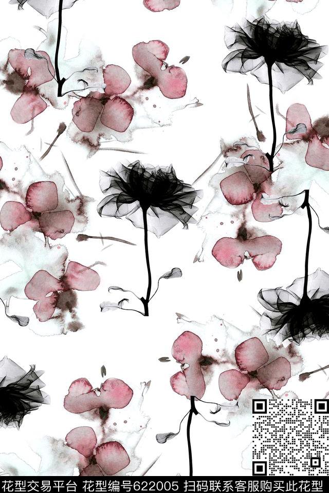 水墨花卉黑白数码印花华亿平台下载（图片编号: 622005） - 瓦栏（Walan）