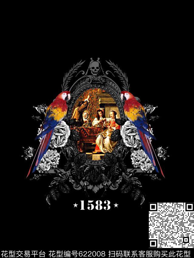 复古人物像鸟数码印花华亿平台下载（图片编号: 622008） - 瓦栏（Walan）