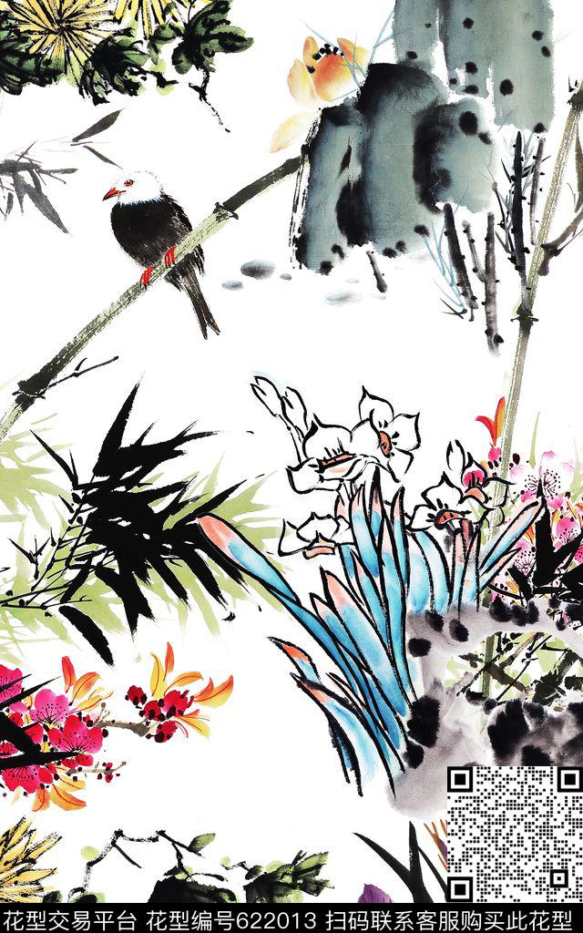 中国风墨竹白头翁数码印花华亿平台下载（图片编号: 622013） - 瓦栏（Walan）