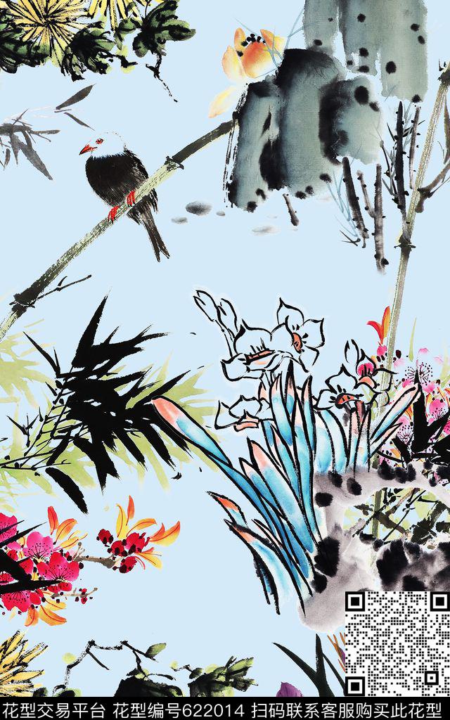 中国风墨竹白头翁数码印花华亿平台下载（图片编号: 622014） - 瓦栏（Walan）