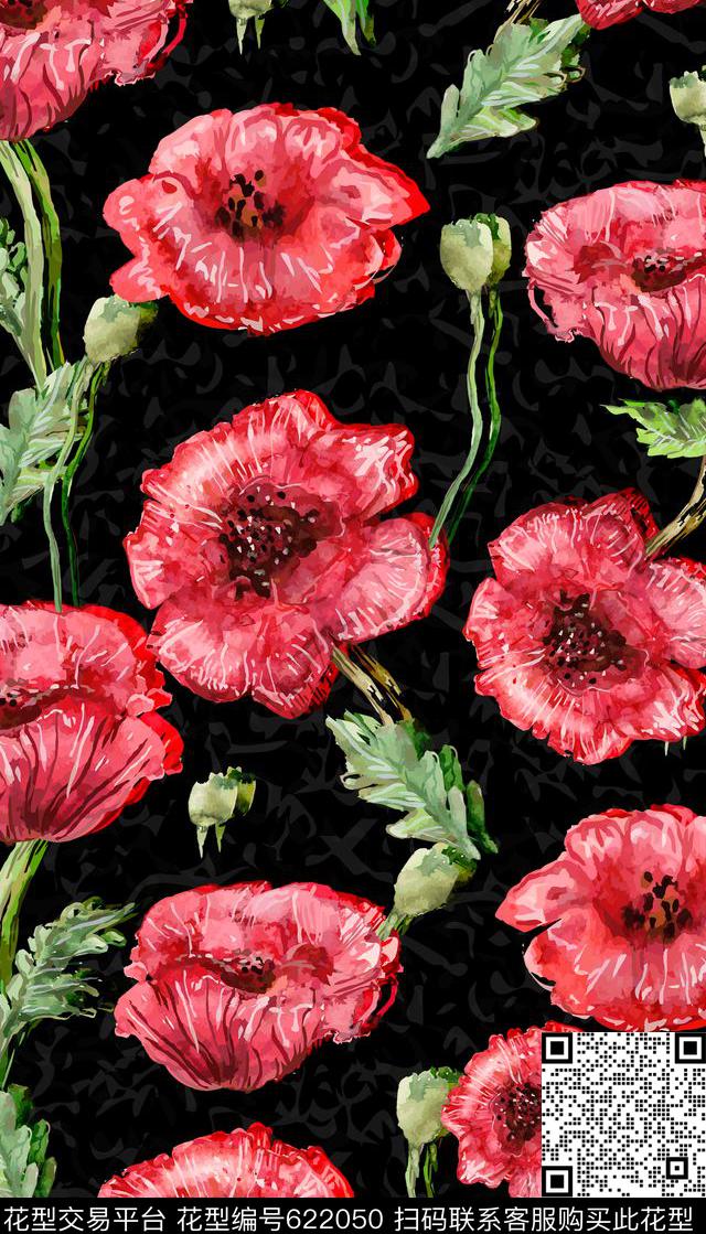 大花花卉黑色数码印花华亿平台下载（图片编号: 622050） - 瓦栏（Walan）