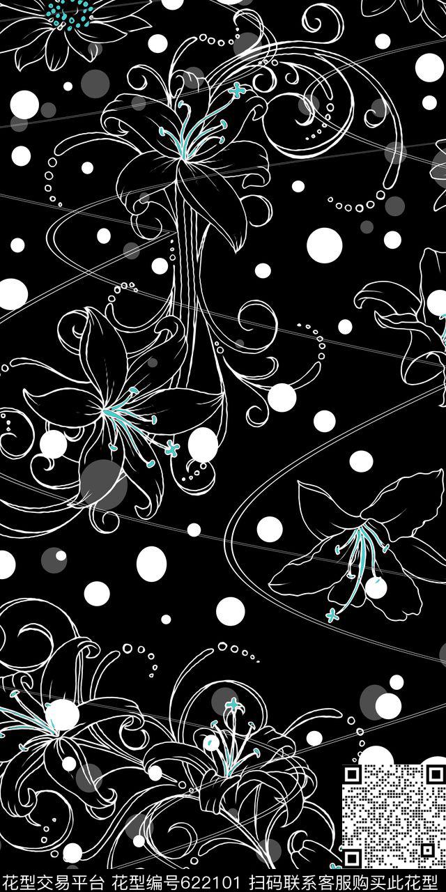 花卉波点线条传统印花华亿平台下载（图片编号: 622101） - 瓦栏（Walan）
