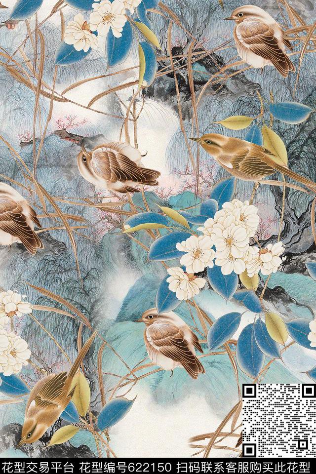 鸟花卉手绘数码印花华亿平台下载（图片编号: 622150） - 瓦栏（Walan）