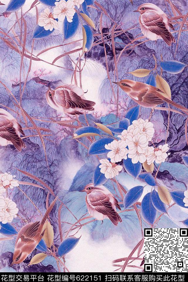 鸟花卉手绘数码印花华亿平台下载（图片编号: 622151） - 瓦栏（Walan）