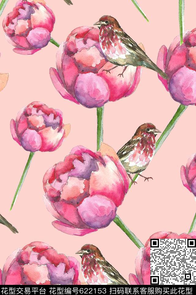手绘花卉鸟儿数码印花华亿平台下载（图片编号: 622153） - 瓦栏（Walan）