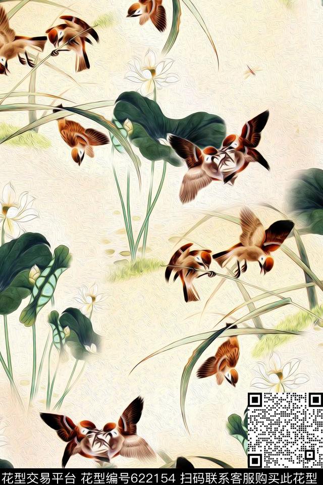 花鸟花卉荷叶数码印花华亿平台下载（图片编号: 622154） - 瓦栏（Walan）