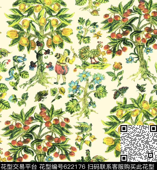 果树手绘人物橘子树数码印花华亿平台下载（图片编号: 622176） - 瓦栏（Walan）