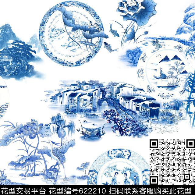 此华亿平台为1/2跳接山水画青花瓷数码印花华亿平台下载（图片编号: 622210） - 瓦栏（Walan）