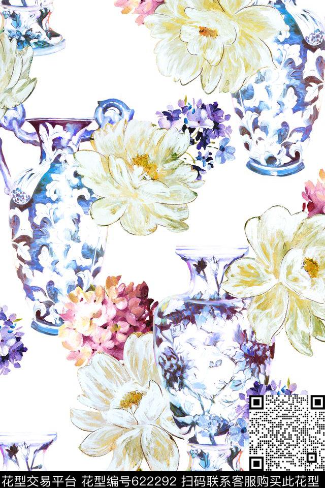 青花瓷花卉油画数码印花华亿平台下载（图片编号: 622292） - 瓦栏（Walan）
