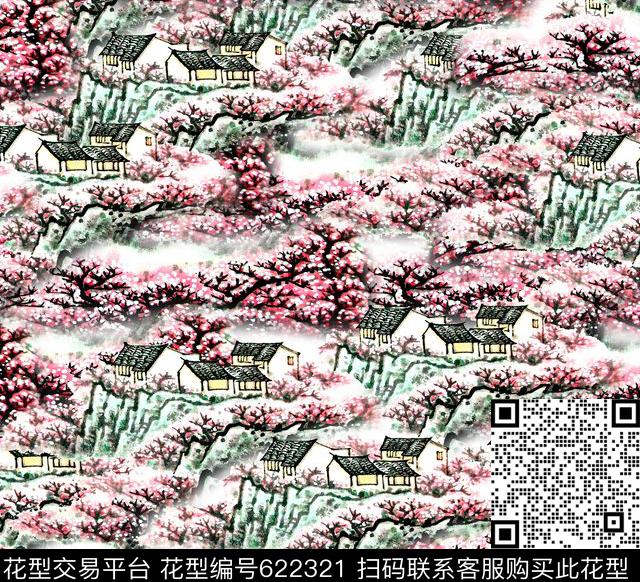 水墨桃花房屋数码印花华亿平台下载（图片编号: 622321） - 瓦栏（Walan）