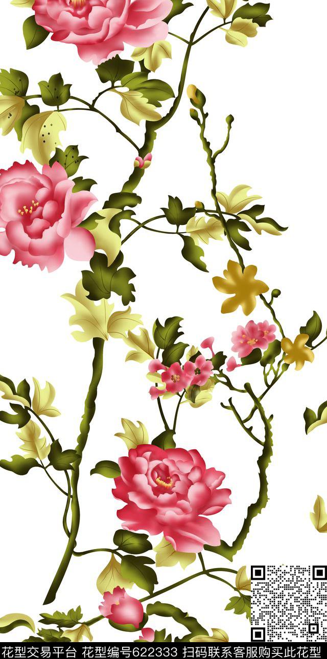 小碎花牡丹玫瑰数码印花华亿平台下载（图片编号: 622333） - 瓦栏（Walan）