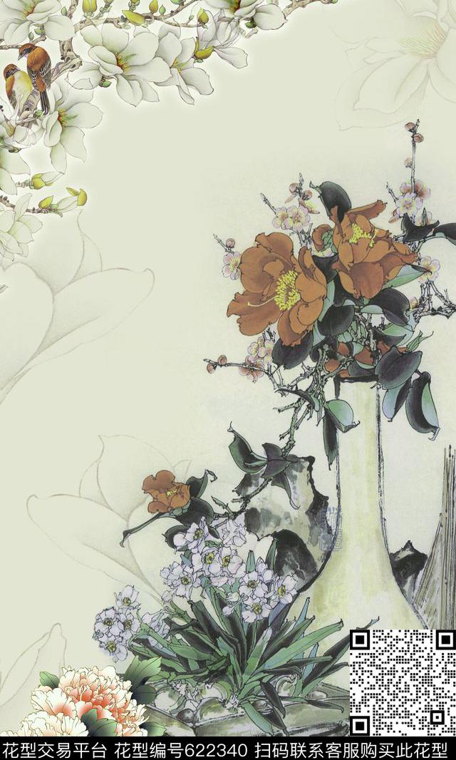 花卉瓷瓶花卉组合数码印花华亿平台下载（图片编号: 622340） - 瓦栏（Walan）