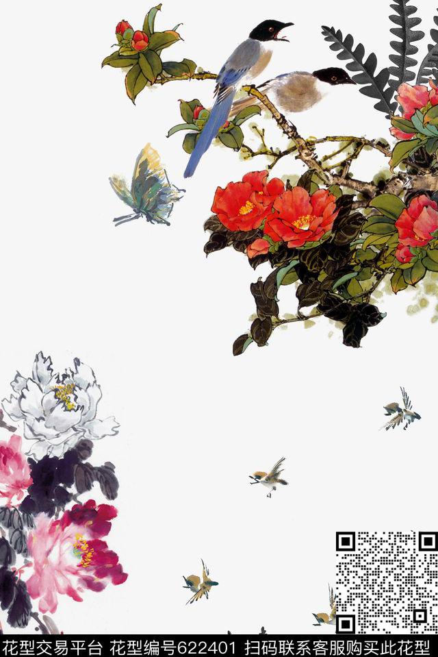 中国风工笔牡丹数码印花华亿平台下载（图片编号: 622401） - 瓦栏（Walan）