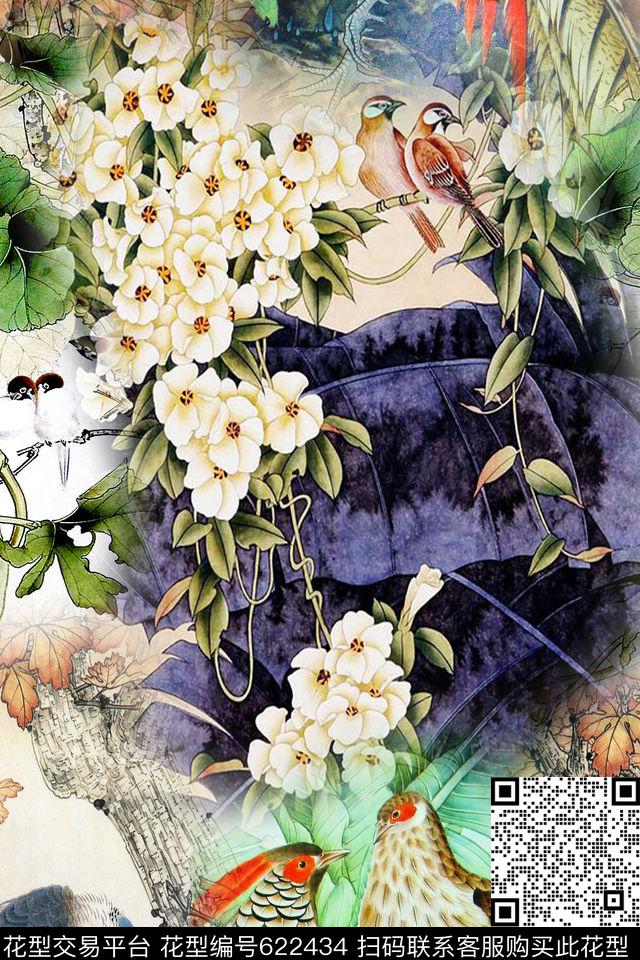 小鸟工笔画民族风数码印花华亿平台下载（图片编号: 622434） - 瓦栏（Walan）