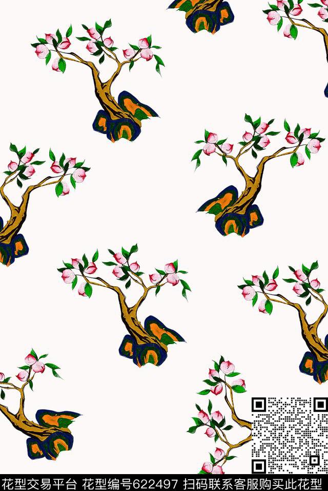 手绘桃子桃树数码印花华亿平台下载（图片编号: 622497） - 瓦栏（Walan）