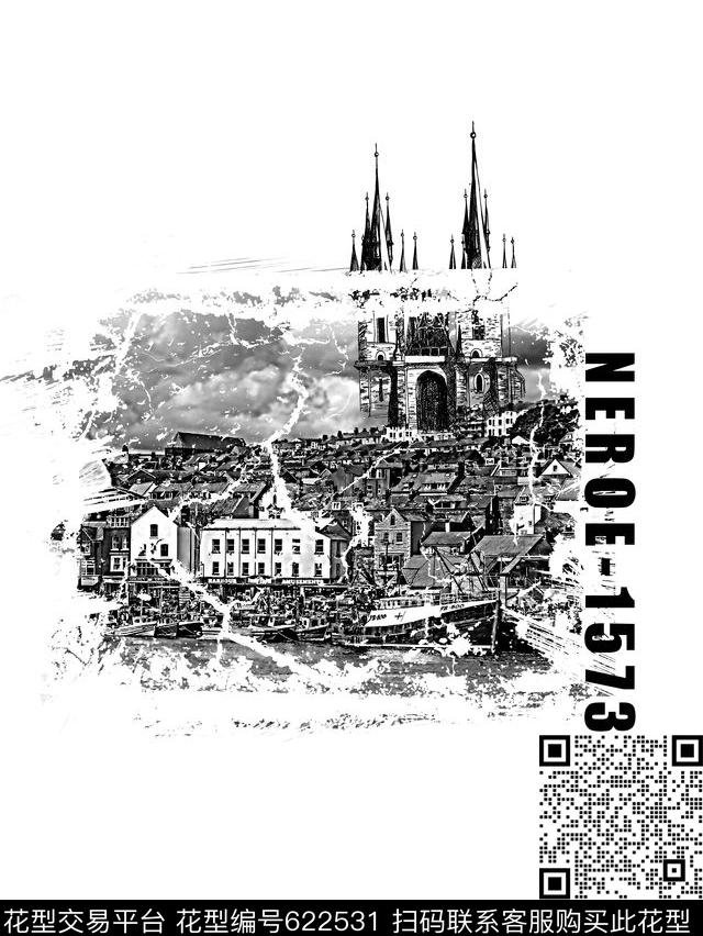 复古风格建筑风景男装T恤数码印花华亿平台下载（图片编号: 622531） - 瓦栏（Walan）