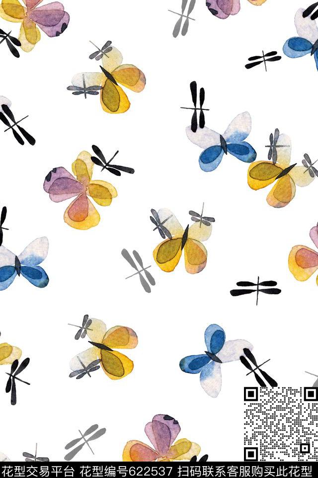 水彩蝴蝶蜻蜓休闲风数码印花华亿平台下载（图片编号: 622537） - 瓦栏（Walan）