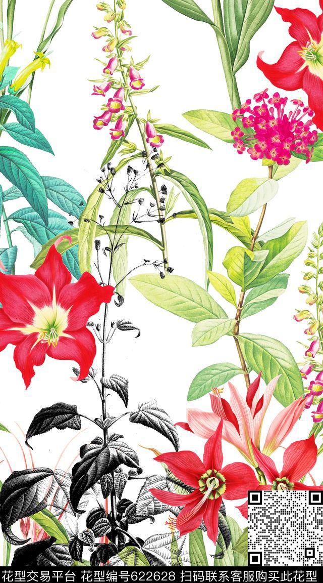 树叶花朵花卉数码印花华亿平台下载（图片编号: 622628） - 瓦栏（Walan）