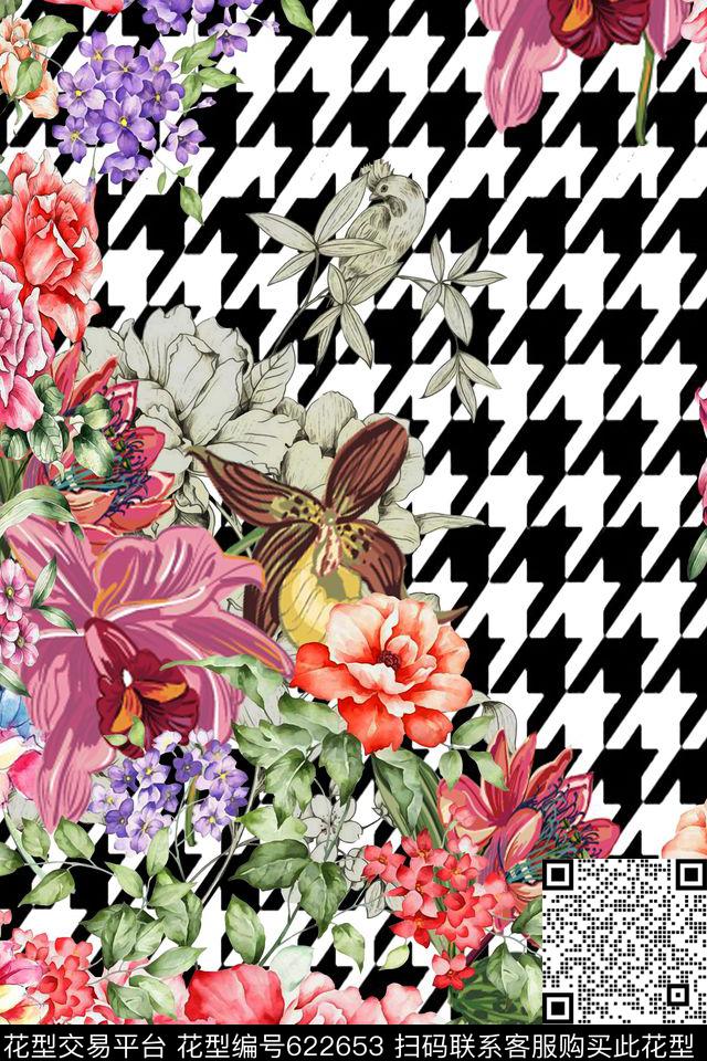 千鸟格花鸟兰花数码印花华亿平台下载（图片编号: 622653） - 瓦栏（Walan）