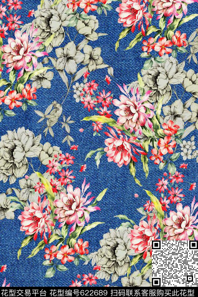 牛仔花朵花卉数码印花华亿平台下载（图片编号: 622689） - 瓦栏（Walan）