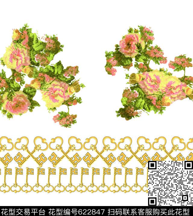 锁匙金钥匙花卉数码印花华亿平台下载（图片编号: 622847） - 瓦栏（Walan）