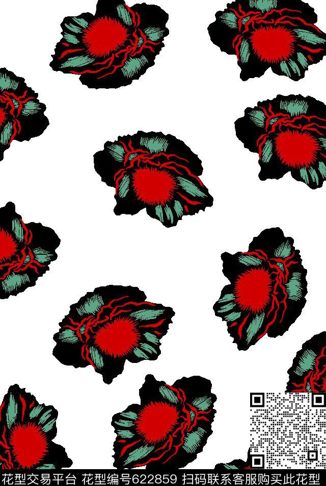 花朵跳花红绿传统印花华亿平台下载（图片编号: 622859） - 瓦栏（Walan）