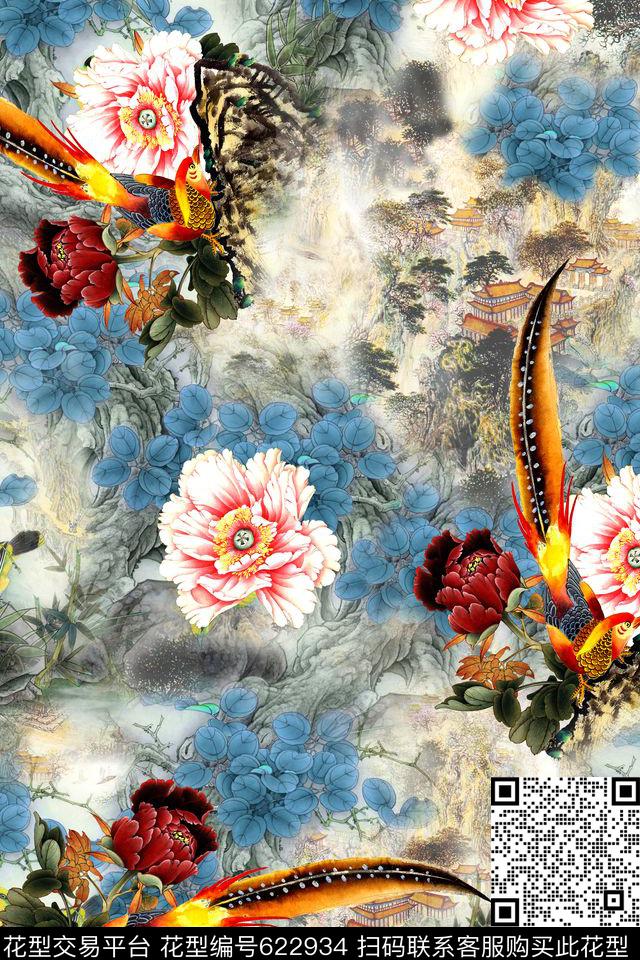 牡丹花卉鸟数码印花华亿平台下载（图片编号: 622934） - 瓦栏（Walan）