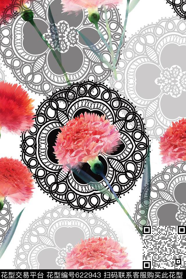 花卉康乃馨数码印花华亿平台下载（图片编号: 622943） - 瓦栏（Walan）