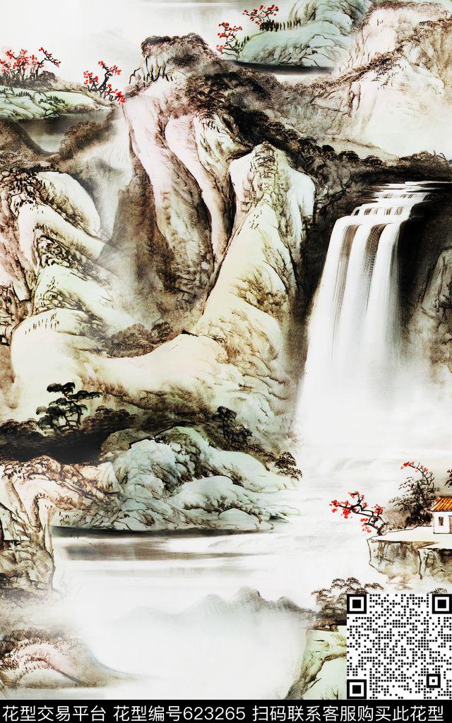 中国风山水国画数码印花华亿平台下载（图片编号: 623265） - 瓦栏（Walan）