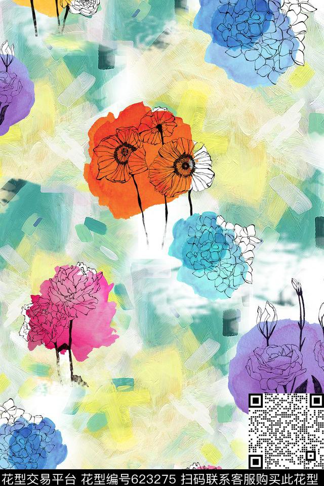 抽象手绘花卉数码印花华亿平台下载（图片编号: 623275） - 瓦栏（Walan）