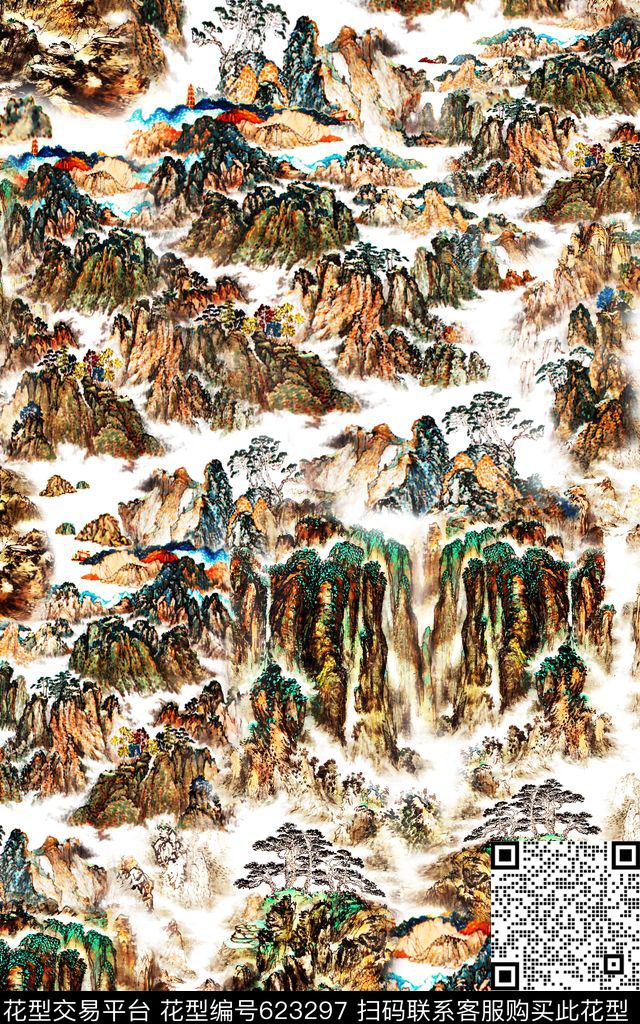 国画山水中国风数码印花华亿平台下载（图片编号: 623297） - 瓦栏（Walan）